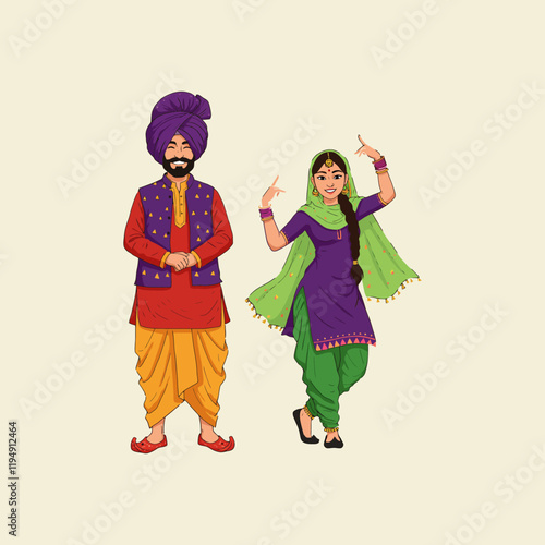 A depiction of a Punjabi man and woman in vibrant traditional clothing, the woman appears to be in a celebratory dance pose.