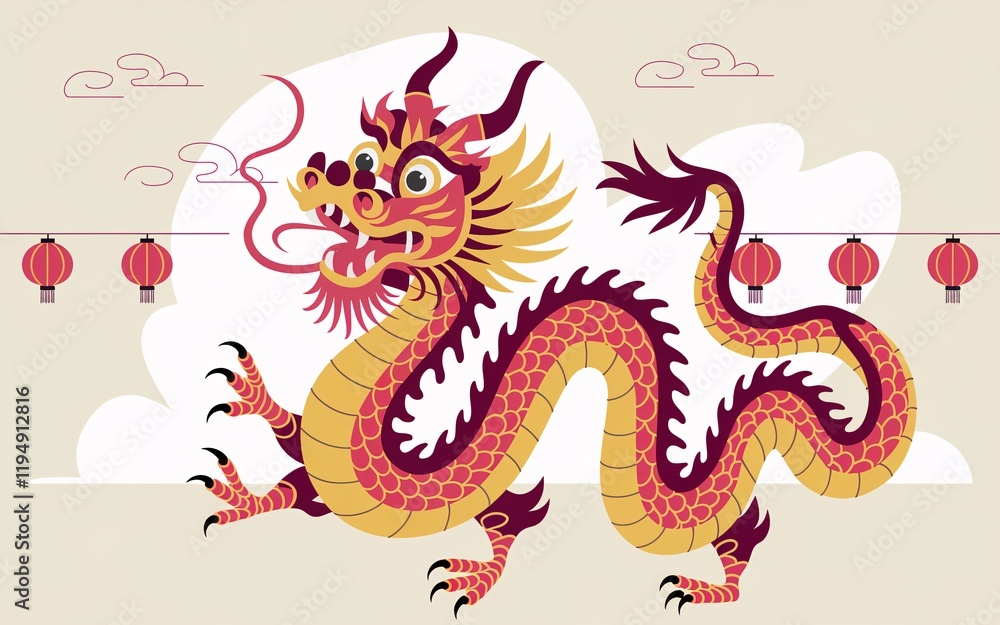 Lunar new year Red and gold Chinese dragon with lanterns. Lunar new year Red and gold Chinese dragon with lanterns.