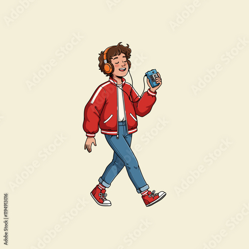 A retro-styled illustration depicts a joyful teenage boy walking while listening to music on a cassette player and headphones.