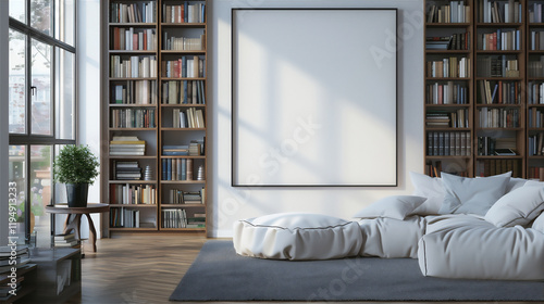 Library room with blank photo frame on the wall, version 53