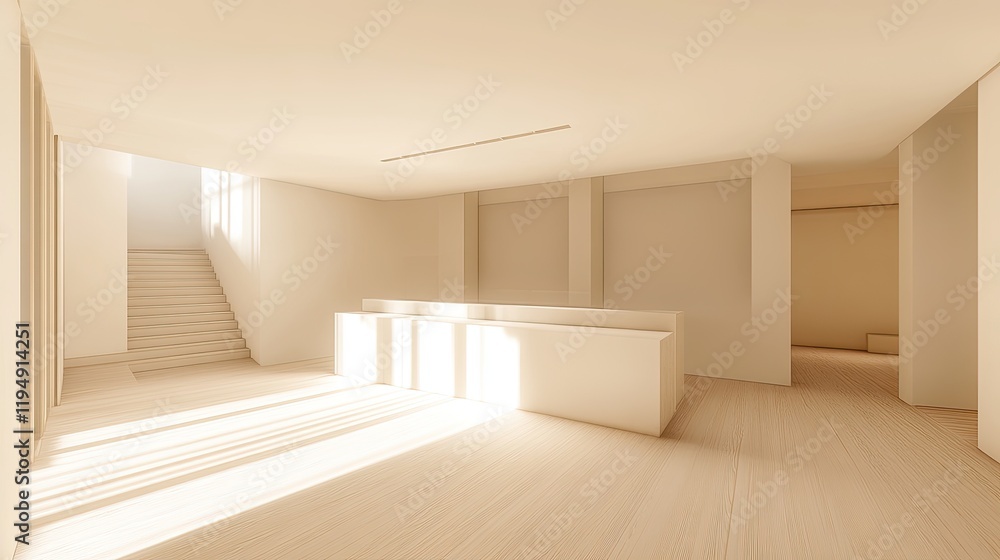 Fototapeta premium A minimalistic office with a standing desk in the center, light wooden flooring, and neutral-colored walls with ample copy space.