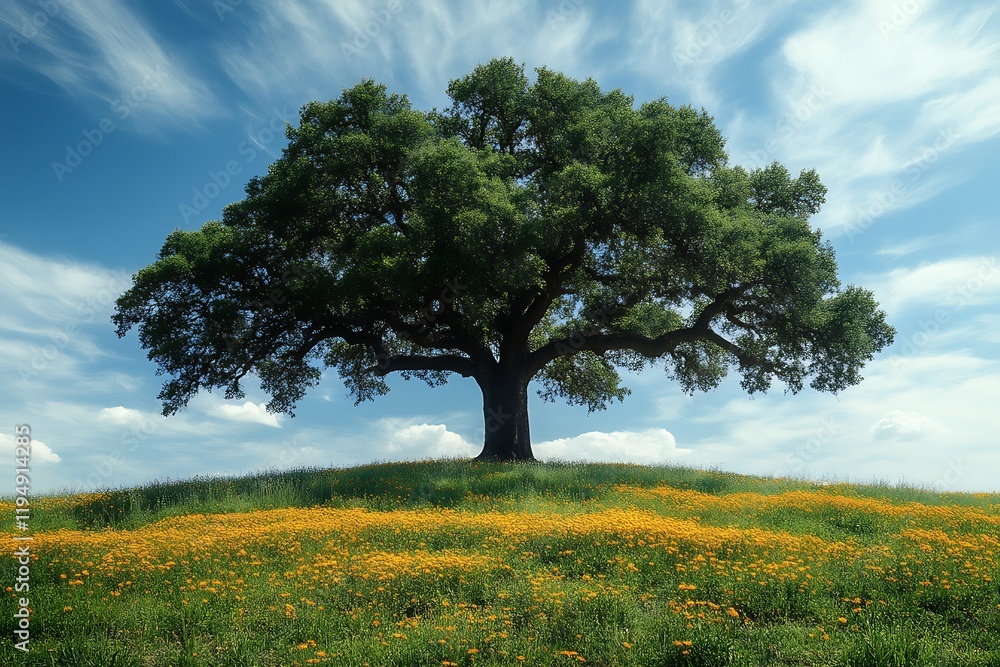 Majestic oak tree on a hilltop, surrounded by yellow wildflowers under a vibrant blue sky. Majestic oak tree on a hilltop, surrounded by yellow wildflowers under a vibrant blue sky.