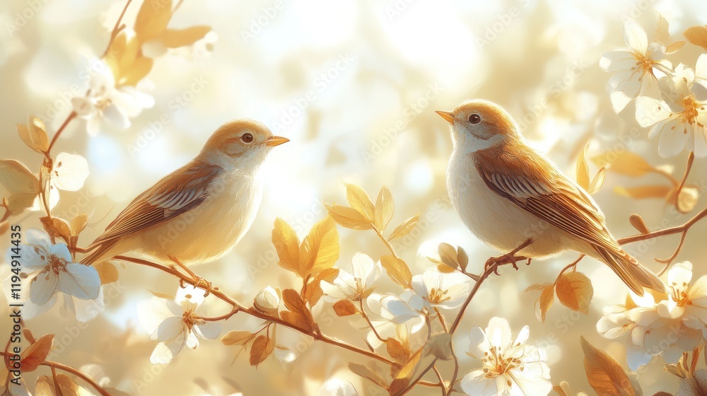 Two birds perched on flowering branches in soft sunlight. Two birds perched on flowering branches in soft sunlight.