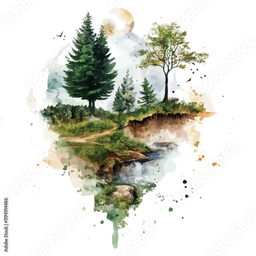 A watercolor vector of ecosystems, isolated on a white background. Ecosystems vector.
