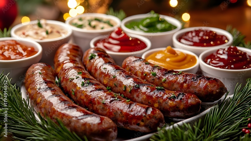 Smoked Sausage Platter with Variety of Dipping Sauces for Festive Party Setting Smoked Sausage Platter with Variety of Dipping Sauces for Festive Party Setting