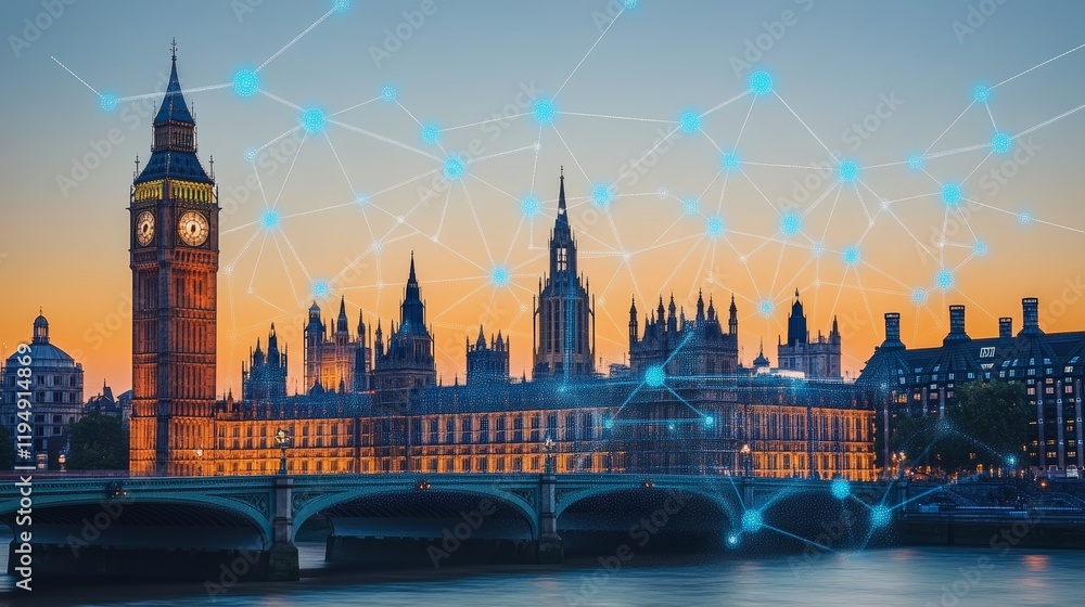 Fototapeta premium London Parliament Building with Digital Network Overlay Technology and Innovation in UK Government