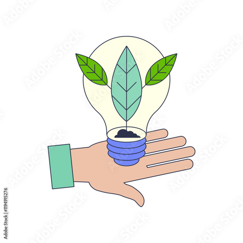 A hand holds a lightbulb filled with leaves, symbolizing eco-friendly innovation.