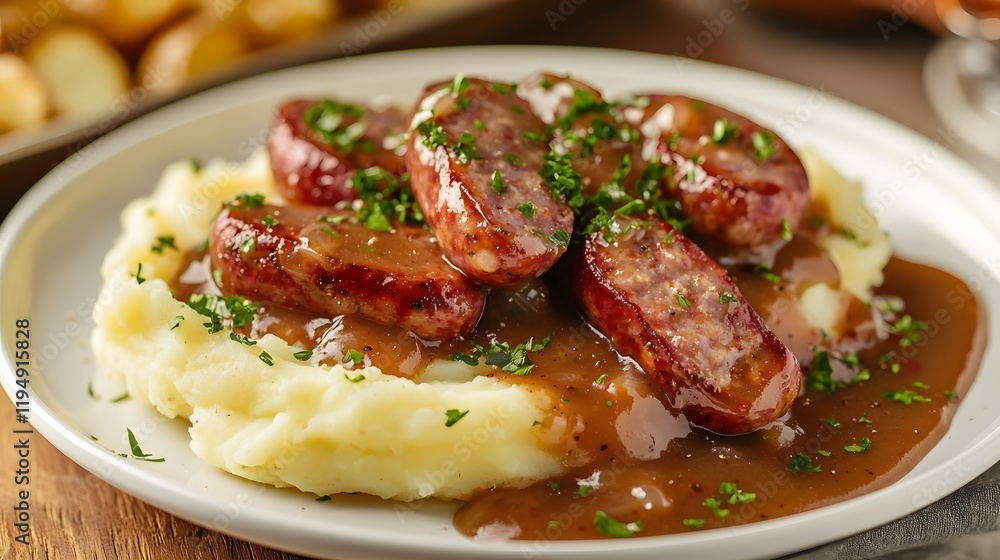 Hearty Serving of Smoked Sausage with Creamy Mashed Potatoes and Savory Gravy on a Classic White Plate Hearty Serving of Smoked Sausage with Creamy Mashed Potatoes and Savory Gravy on a Classic White Plate