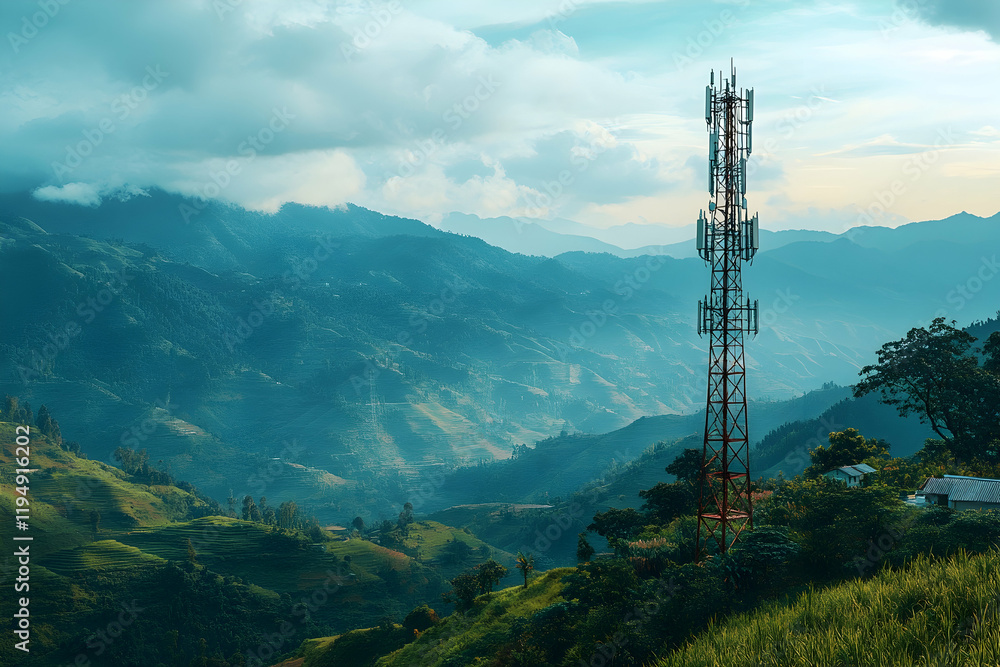Modern telecom infrastructure integrated into a scenic rural landscape with mountains and greenery Modern telecom infrastructure integrated into a scenic rural landscape with mountains and greenery