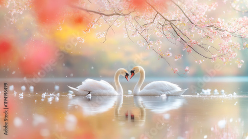 Fototapeta Naklejka Na Ścianę i Meble -  Two swans couple swimming in lake, fairytale blooming pink  flower garden.