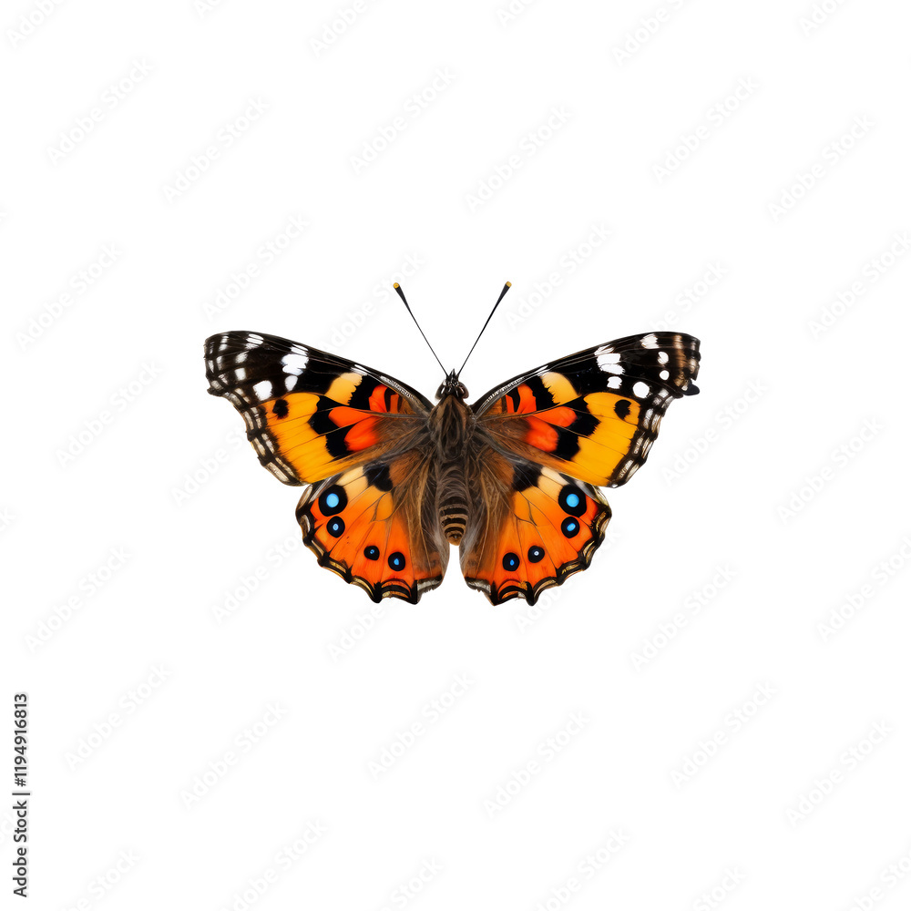 Obraz premium Painted Lady Butterfly: A vibrant Painted Lady butterfly with intricate patterns of orange, black, and white, perched on a leaf, its wings delicately spread in a moment of tranquility. 