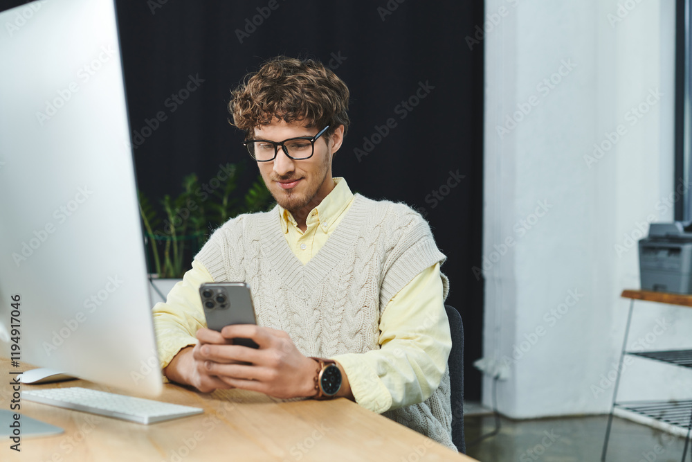 Fototapeta premium A young man with curly hair reviews his smartphone in a stylish corporate workspace.