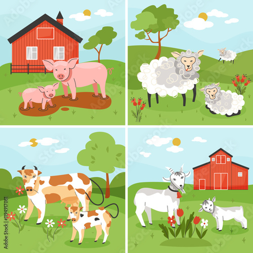 Farm Animals in a Rural Landscape Illustration