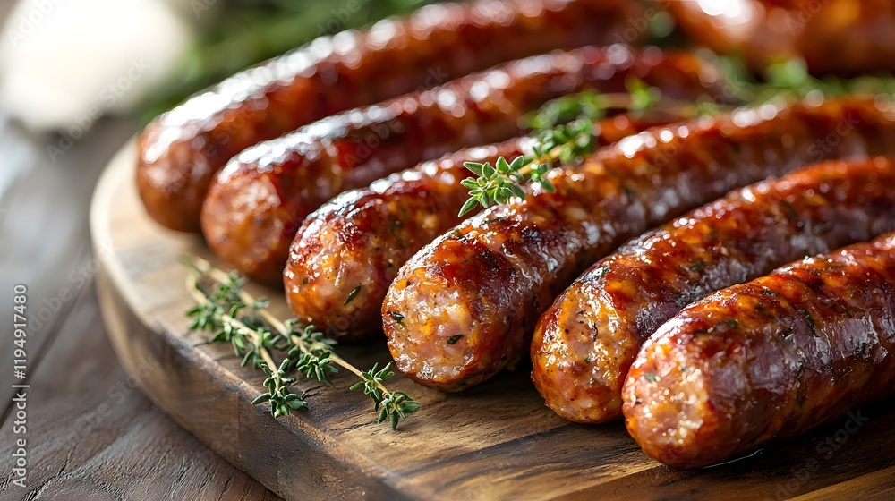 Mouthwatering Smoked Sausage Links on Rustic Wooden Board with Fresh Thyme Garnish Mouthwatering Smoked Sausage Links on Rustic Wooden Board with Fresh Thyme Garnish