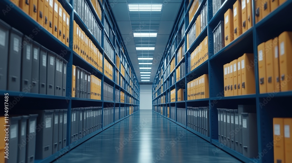 Fototapeta premium Organized Document Management System Shelves with Grey and Yellow Folders in Modern Archive Environment for Efficient Data Retrieval