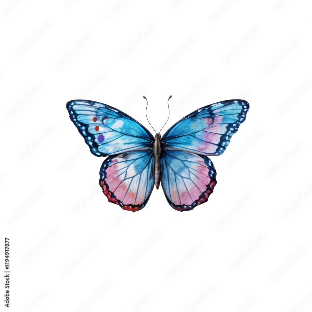 Obraz premium Blue Morpho Butterfly: A vibrant blue morpho butterfly with delicate pink and white accents, its wings exquisitely detailed, displayed against a clean backdrop.