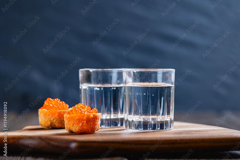 glasses of vodka and salmon caviar appetizer on a wooden table