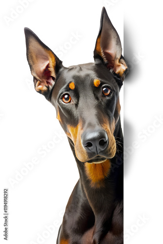 Doberman peeking around corner isolated on transparent background