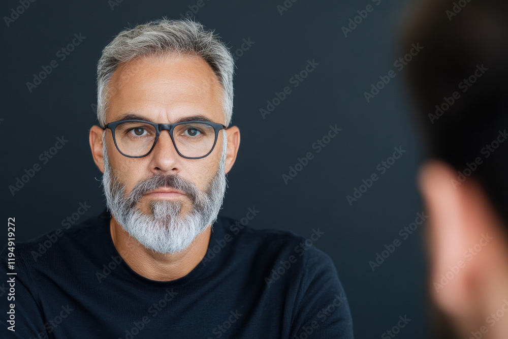 Obraz premium A man with a beard and glasses is looking at the camera
