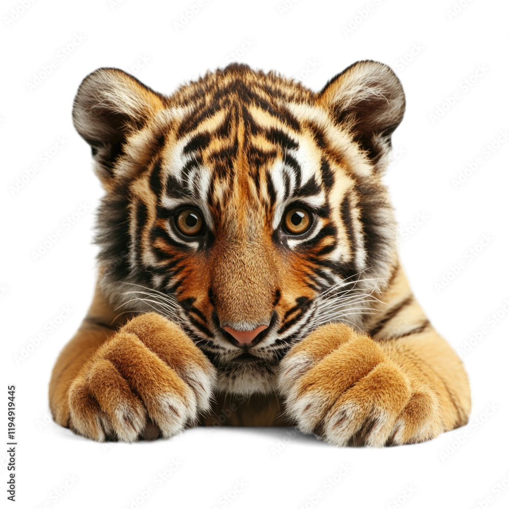 Obraz premium Young tiger resting on the ground with a curious expression isolated on transparent background, PNG