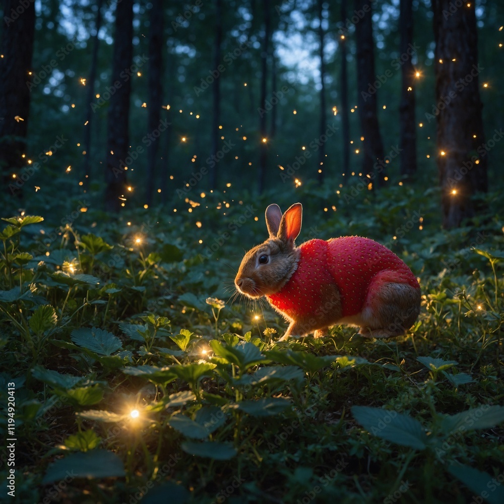 A strawberry-coated rabbit hopping through a lush forest, surrounded by glowing fireflies at dusk. A strawberry-coated rabbit hopping through a lush forest, surrounded by glowing fireflies at dusk.