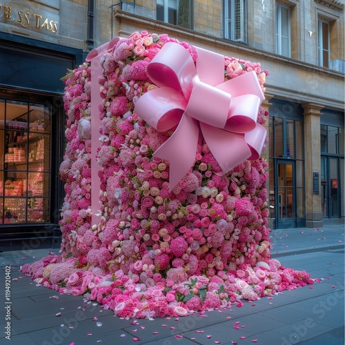 An extravagant outdoor installation featuring a massive pink gift box with a large bow at the top. The box appears to be tilted, as if spilling out a cascade of vibrant pink and pastel flowers.