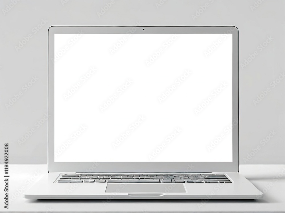 Minimalistic laptop on a clean desk with a blank screen, ideal for presentations or mockups Minimalistic laptop on a clean desk with a blank screen, ideal for presentations or mockups