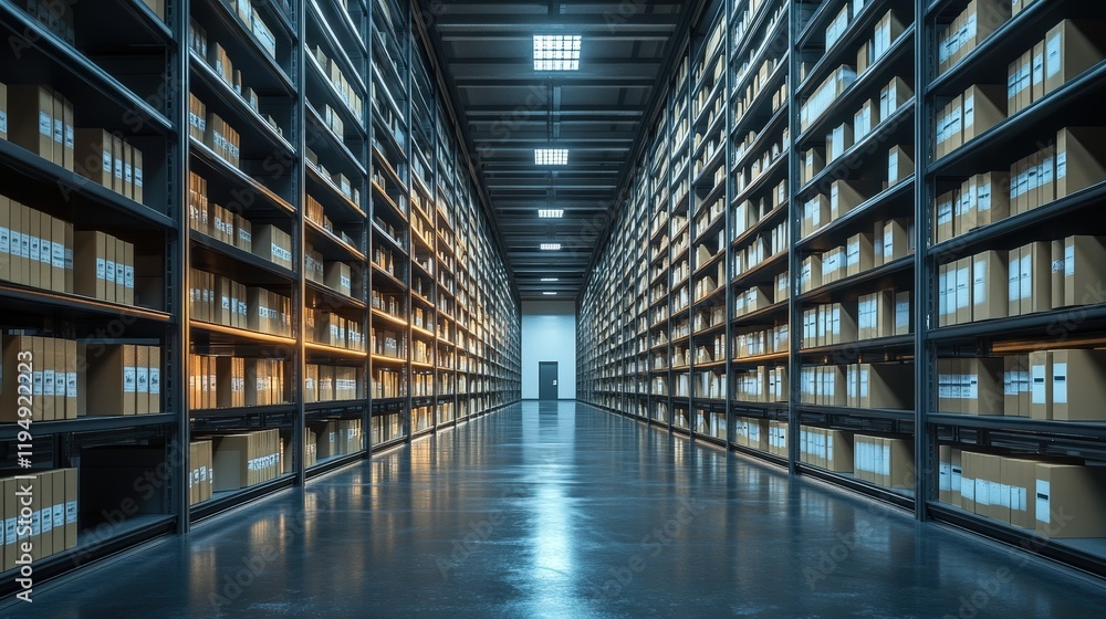 Organized Archive Room with Rows of Storage Shelves, Neatly Arranged File Boxes and a Brightly Lit Aisle, Creating a Calm and Structured Environment Organized Archive Room with Rows of Storage Shelves, Neatly Arranged File Boxes and a Brightly Lit Aisle, Creating a Calm and Structured Environment