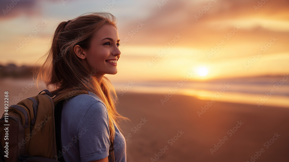 Woman admiring beach sunset with backpack. Ideal for adventure travel, solo exploration, and outdoor lifestyle Woman admiring beach sunset with backpack. Ideal for adventure travel, solo exploration, and outdoor lifestyle