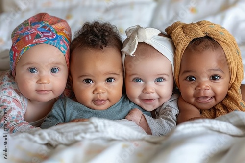 Four adorable babies with unique head wraps share joyful moments during playtime in a cozy bedroom