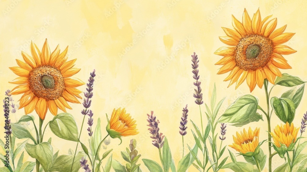 Obraz premium blooming sunflowers, lavender, and fresh greenery, all set against a pastel yellow backdrop. The vibrant sunflowers stand tall, their golden petals reaching toward the sky.