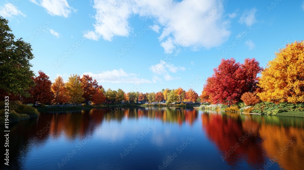 Fototapeta premium Serene autumn landscape reflecting vibrant foliage on calm water.