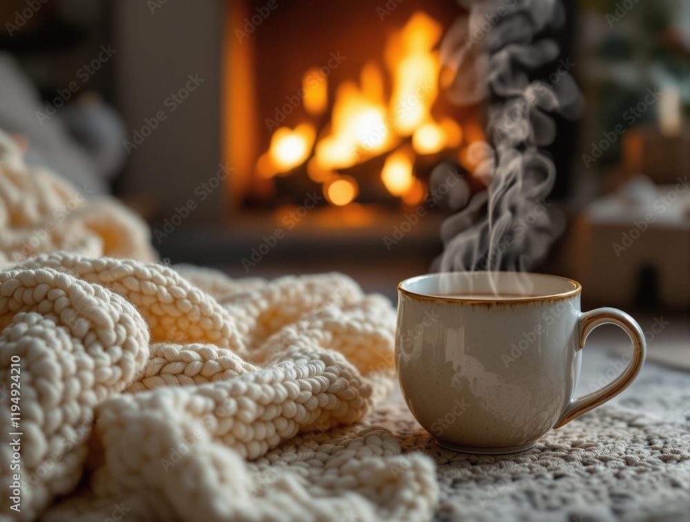 A cozy scene shows a white mug filled with a steaming beverage, and a white knitted blanket. In the background, there's a lit fireplace creating a warm and inviting atmosphere. A cozy scene shows a white mug filled with a steaming beverage, and a white knitted blanket. In the background, there's a lit fireplace creating a warm and inviting atmosphere.