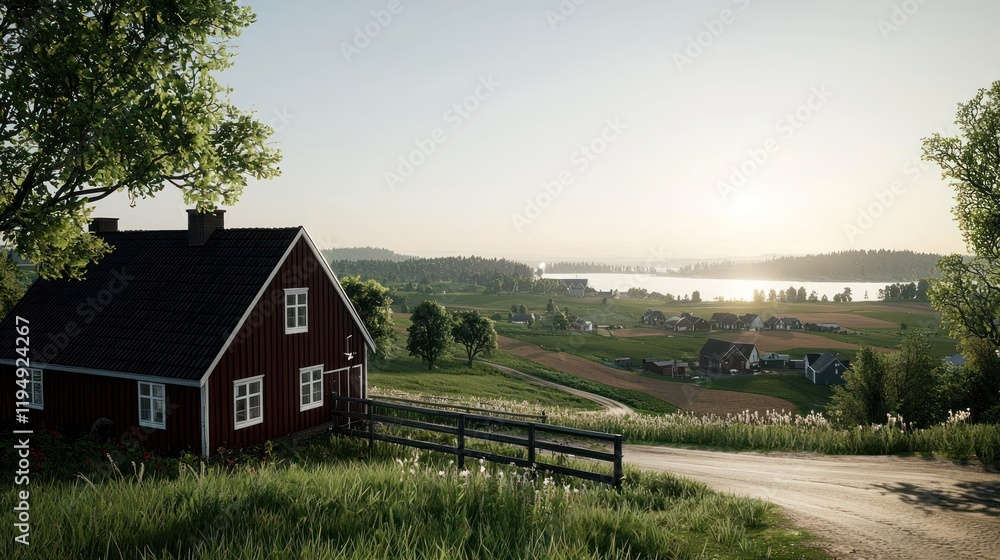 Scenic countryside view with a house, fields, and a lake at sunrise. Scenic countryside view with a house, fields, and a lake at sunrise.