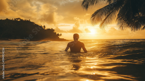 Silhouetted swimmer in ocean at sunset. Perfect for wellness and tropical vacation themes photo