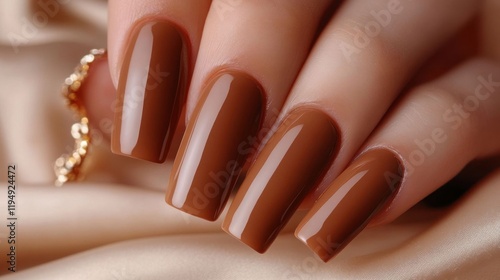 Elegant brown nail polish on hand photo