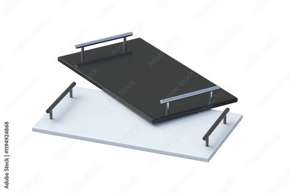 Two trays for food serving isolated on white background. Modern salver. Takeaway breakfast tableware. Luxury utensils. 3d render Two trays for food serving isolated on white background. Modern salver. Takeaway breakfast tableware. Luxury utensils. 3d render