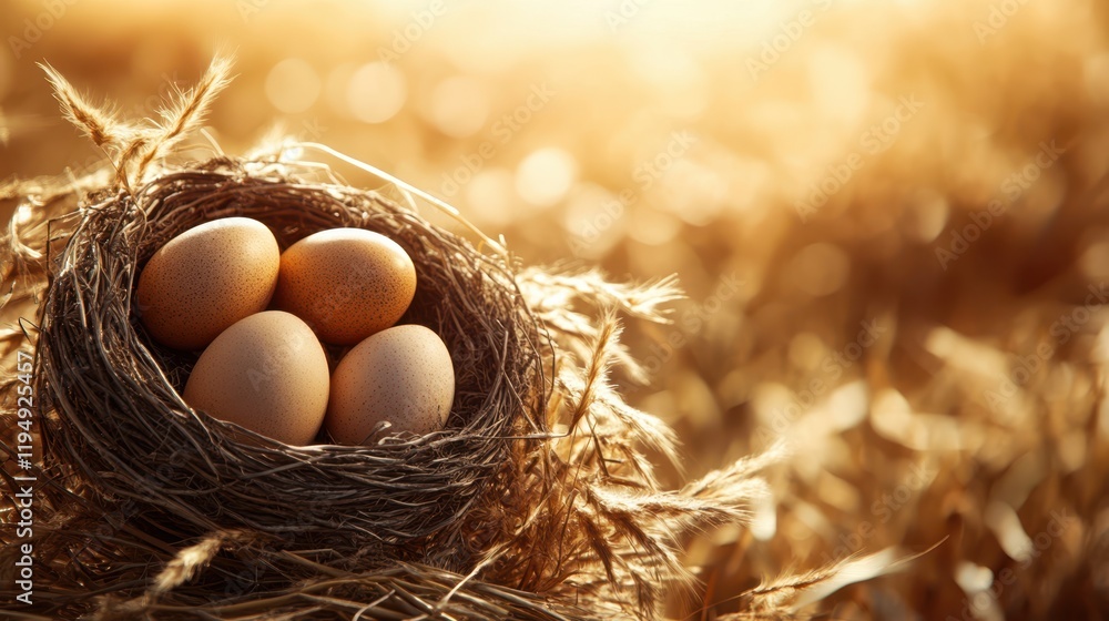 A colorful nest filled with eggs nestled in a golden field of wheat, symbolizing new beginnings and the spirit of Easter celebrations. A colorful nest filled with eggs nestled in a golden field of wheat, symbolizing new beginnings and the spirit of Easter celebrations.