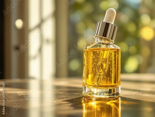 close-up of a dropper bottle filled with a yellow liquid, placed on a reflective surface. The bottle is set against a background that features blurred greenery and sunlight, creating a warm and inviti photo