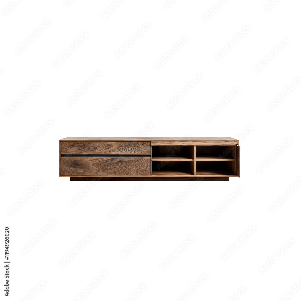 Mid-Century Modern TV Stand: A sleek and stylish mid-century modern TV stand crafted from rich, dark wood. Featuring two drawers and open shelving for ample storage and display. Mid-Century Modern TV Stand: A sleek and stylish mid-century modern TV stand crafted from rich, dark wood. Featuring two drawers and open shelving for ample storage and display.