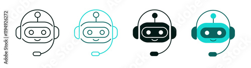 Virtual assistant robot icon set. AI chat bot logo for web or app. Cute smiling chatbot in headphones and microphone. Technology, artificial intelligence, internet or customer support service concept.