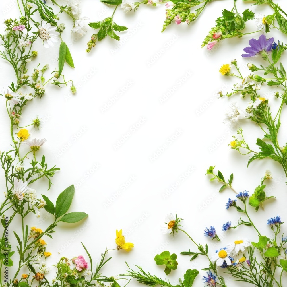 Delicate Wildflower Frame Display Fresh Green Leaves Botanical Bright Studio Environment Beauty Concept Delicate Wildflower Frame Display Fresh Green Leaves Botanical Bright Studio Environment Beauty Concept