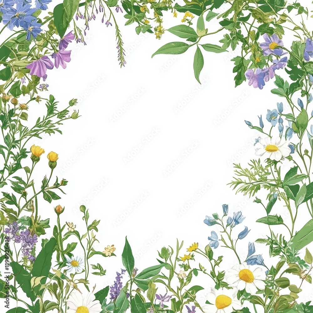 Naklejka premium Delicate Wildflower Floral Frame for Invitations and Decor Nature Bright and Vibrant Green Leaves