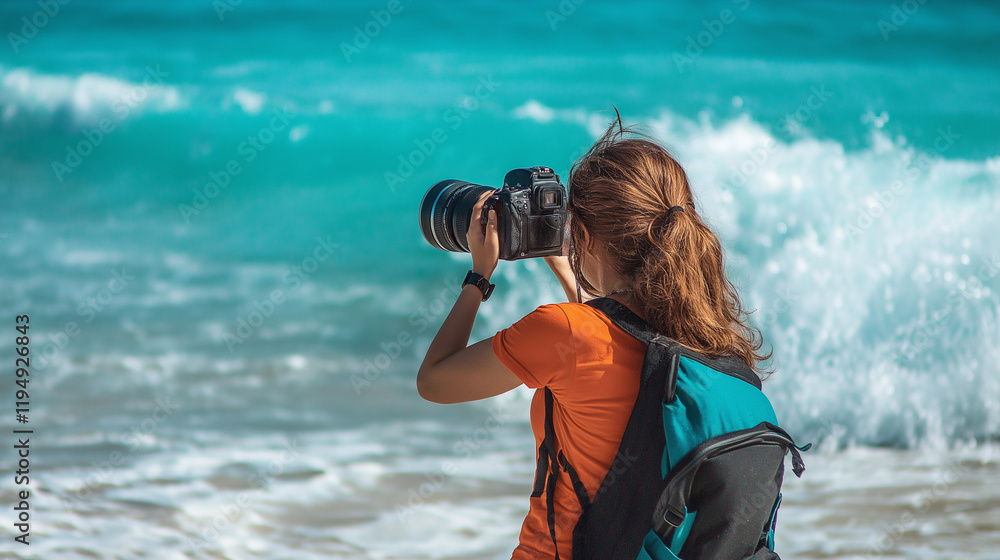 Female photographer capturing ocean waves. Perfect for creative professionals and adventure content Female photographer capturing ocean waves. Perfect for creative professionals and adventure content