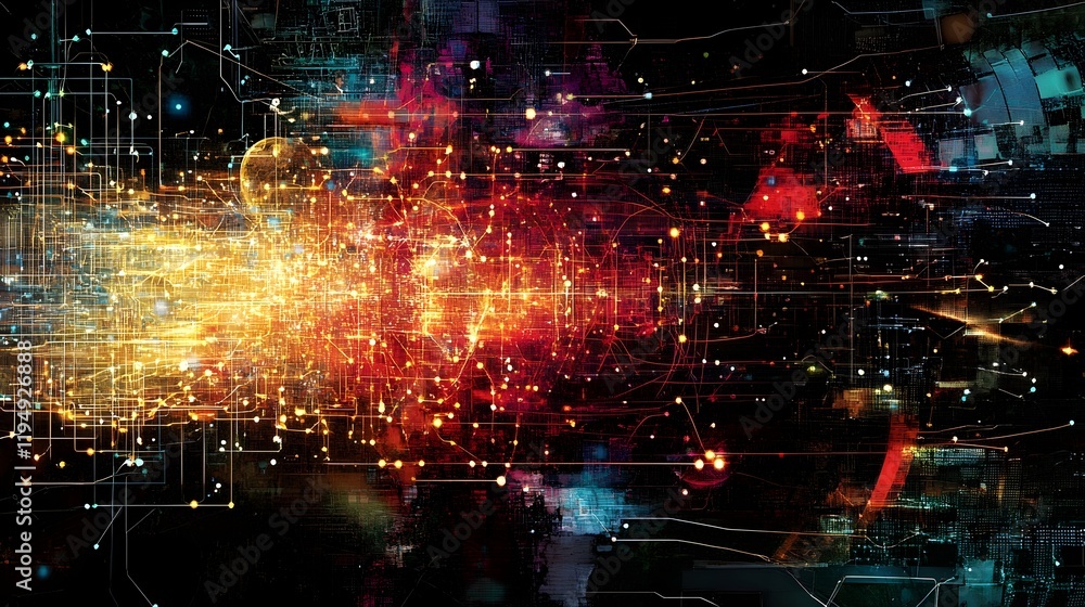 Fototapeta premium Abstract Digital Network Technology Background Red Orange Yellow Glowing Lines Futuristic Data Stream Bright Energetic Modern Graphic Design 