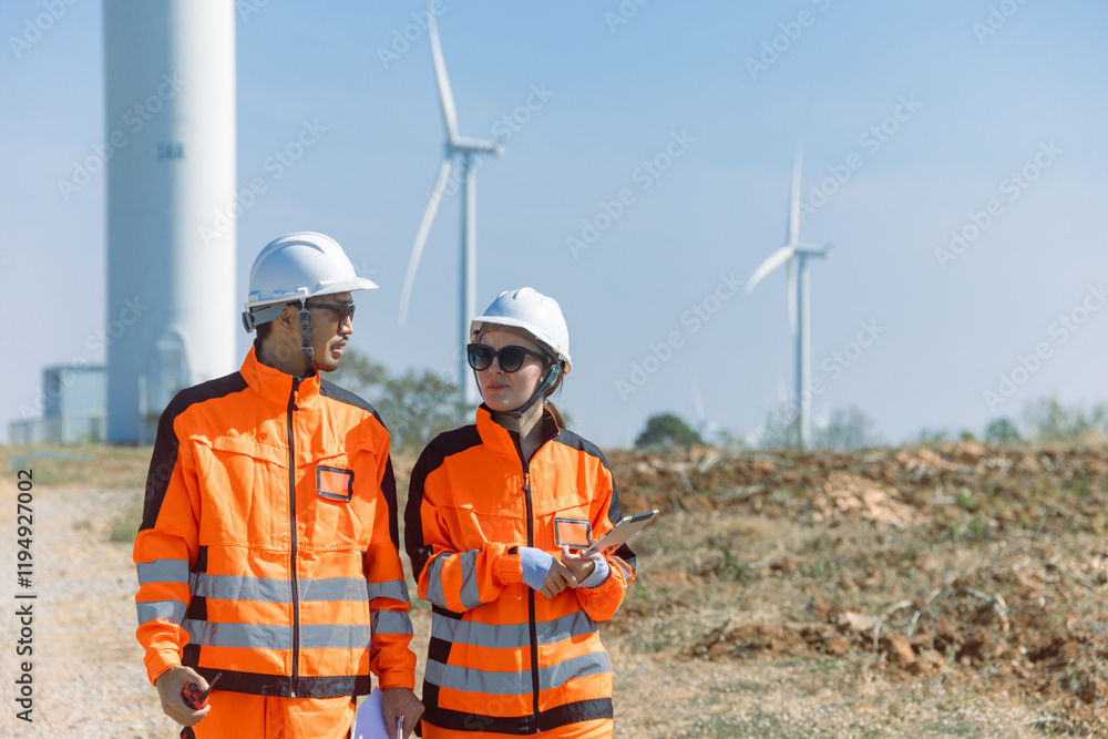 Engineer workers teamwork working together service maintenance wind turbine clean power green energy Engineer workers teamwork working together service maintenance wind turbine clean power green energy