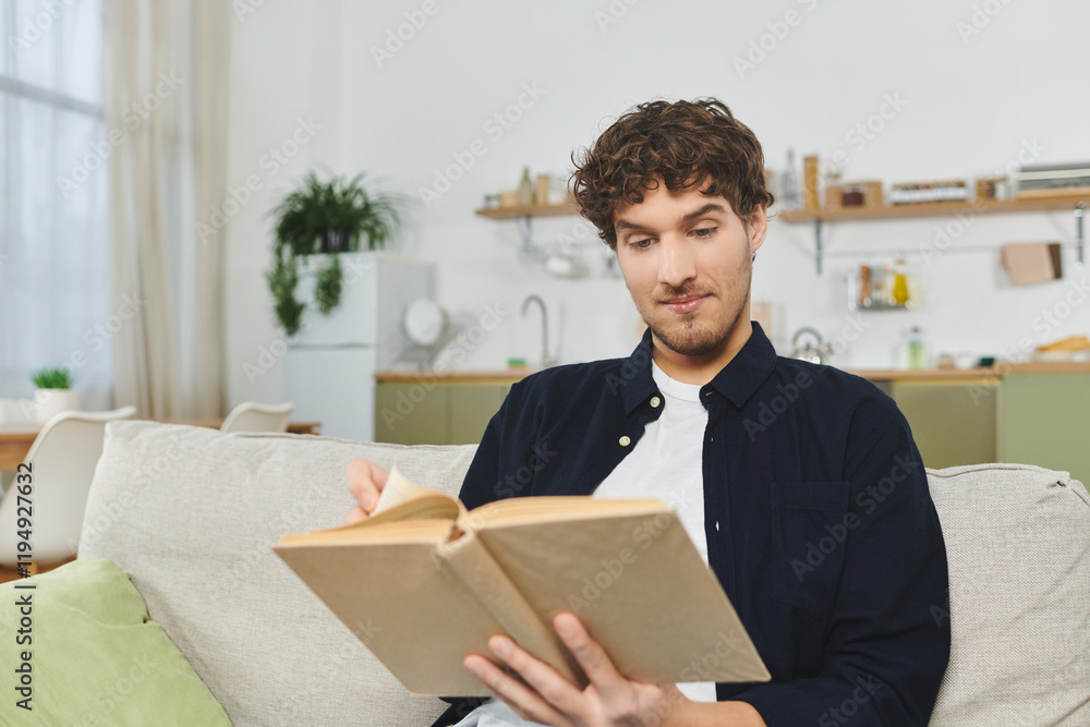 Handsome young man with curly hair relaxes while reading in his chic apartment space. Handsome young man with curly hair relaxes while reading in his chic apartment space.