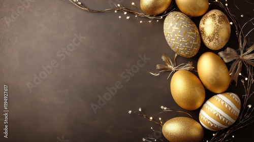 A decorative arrangement of golden eggs forms a captivating wreath, elegantly set against a contrasting black background, celebrating the spirit of Easter.