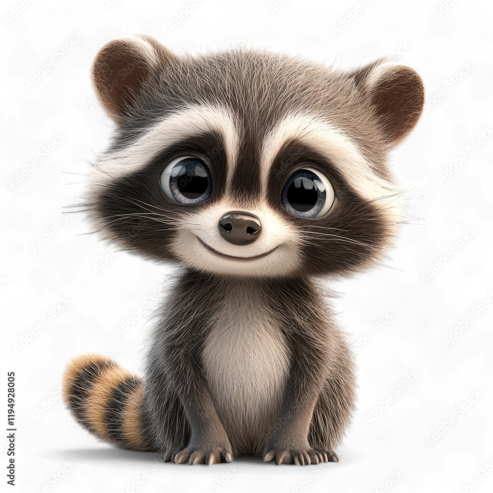 Fototapeta premium 3D Cartoon cute raccoon character with big eyes and fluffy fur sitting happily isolated on transparent background PNG