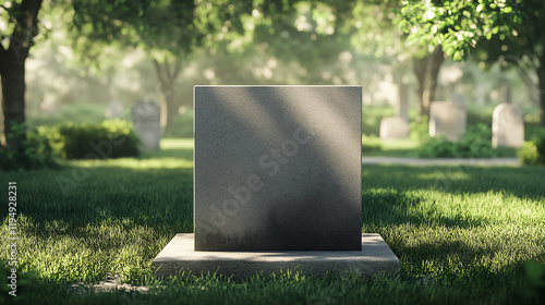blank concrete square tombstone placed in a serene graveyard setting
